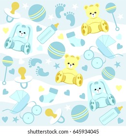 Baby shower background with hare bear toys pram nipple milk bottle rattle sock ball child footprints vector illustration