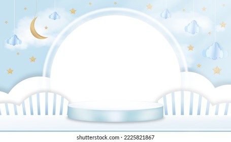 Baby shower background on Blue Sky and Cloud,Vector cute greeting card with 3D Podium,Paper Cut Origami Cloudscape,Crescent Moon and Stars on Blue backgroundand with Copy Space for Baby Photo