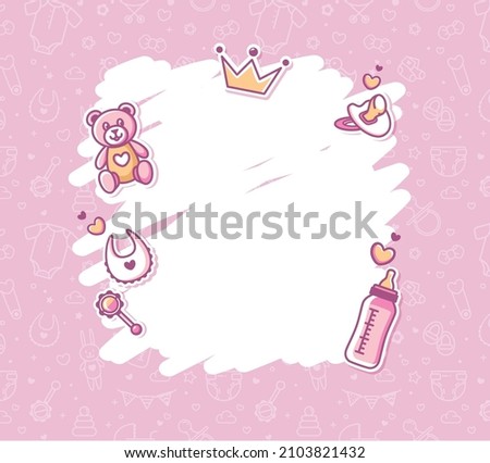 Baby Shower Background in pink colors. Baby Arrival Cartoon Vector Illustration with Copy Space, baby icons and pattern. It is a girl.