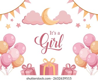 Baby shower background in pink tones with cute sky and party elements, ideal for girl celebration cards, invitations, or announcements
