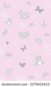 Baby Shower Background of baby toys, in rose color. For a girl, a birthday party. The joy of a newborn.
