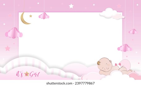 Baby Shower Background,Cute baby girl sleeping on cloud on blue background,Vector Paper cut cloudscape,crescent moon and stars on  skym,Banner or Birthday Card with copy space for baby's photo