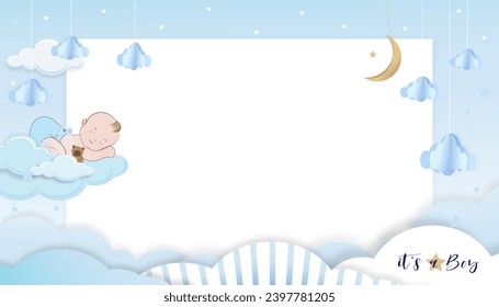 Baby Shower Background,Cute little boy sleeping on cloud on blue background,Vector Paper cut cloudscape,crescent moon and stars on  skym,Banner or Birthday Card with copy space for baby's photos