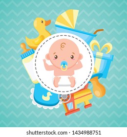 baby shower badge boy bottle duck gift pacifier train bib vector illustration