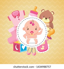 baby shower badge cute girl and toys vector illustration