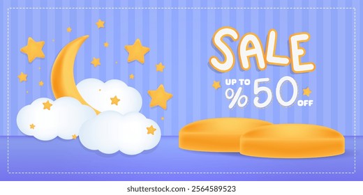 Baby shower banner with 3D moon, clouds and stands on childish background and sale badge. Bubble style illustration and pastel colors for website, social media or poster designs. 