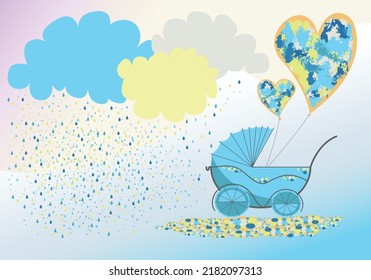Baby shower  banner with blue baby carriage, heart   balloons and cloud with colorful raindrops. It's a boy. Vector illustration