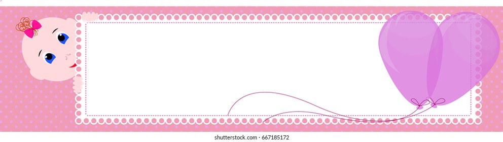 Baby shower banner. Cute girl holding the sign for writing. Design banner, invitation or greeting card for baby shower. 