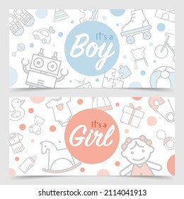 Banner de Baby Shower con adorables íconos para tarjetas de felicitación, álbumes infantiles, niños, fiestas de género para un niño y una niña. "Es un niño" "Es una niña"