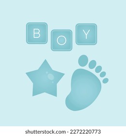 Baby shower banner with foot, star and text Boy on blue background. It s a boy. Vector illustration