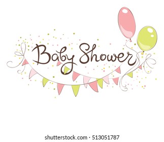 Baby Shower banner for girl / Funny vector illustration with balloons and flags