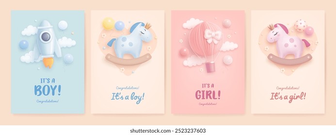 Anuncio de la ducha del bebé, invitación, Plantilla del diseño de la tarjeta de felicitación de la llegada. Bebé Vector de nacimiento 3d juguetes y flores. Es una chica. Es un niño. Fondo de bienvenida del bebé