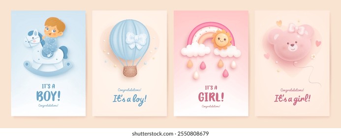 Baby shower banner, invitation, arrival greeting card design template. Baby birth vector 3d toys and flowers. It's a girl. It's a boy. Welcome baby background