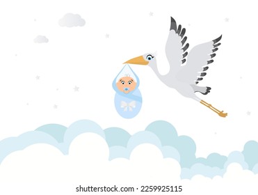 Baby shower banner invitation card with stork carrying a cute baby in a bag in blue sky background for greeting cards, children's albums, birthday party for a boy, poster, greeting card, It's a boy