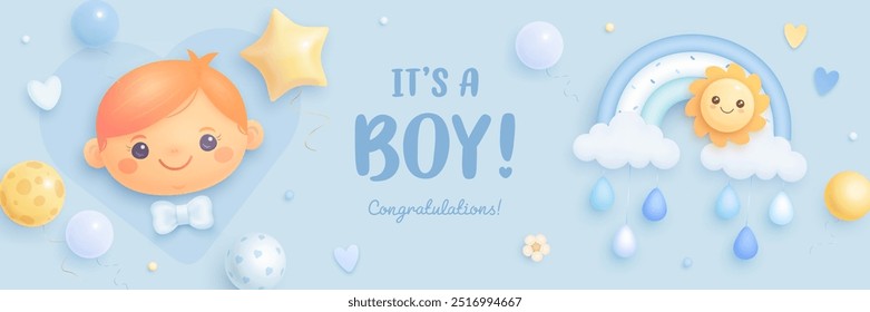 Baby shower banner, invitation, greeting card design template. Baby birth vector wallpaper with 3d toys, rainbow. It's a boy. Welcome baby billboard. Arrival background