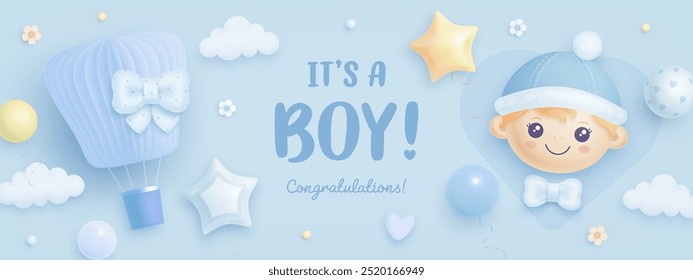 Baby shower banner, invitation, greeting card design template. Baby birth vector wallpaper with 3d hot air balloon. It's a boy. Welcome baby billboard. Arrival background