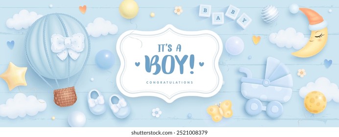 Baby shower banner, invitation, greeting card design template. Baby birth vector wallpaper with 3d hot air balloon. It's a boy. Welcome baby billboard. Arrival background