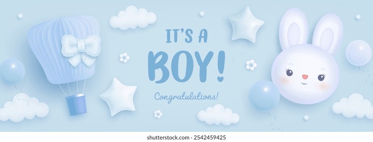 Baby shower banner, invitation, greeting card design template. Baby birth vector wallpaper with 3d toys. It's a boy. Welcome baby billboard. Arrival background