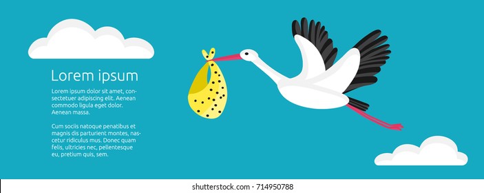 Baby shower banner with stork flying and carrying a bundle. Cute colorful vector illustration. 