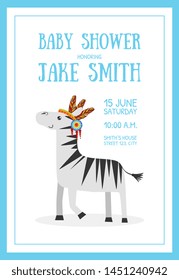 Baby Shower Banner Template with Place for Text and Cute Wild Zebra Ethnic Animal Vector Illustration