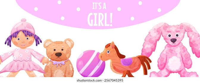 Baby shower banner template with toy doll and bear