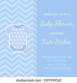 Baby Shower banner. Vector. Baby boy invitation card. Birth party background. Welcome template invite. Cute blue design. Happy greeting holiday poster with onesie. Cartoon flat illustration.