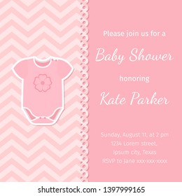 Baby Shower banner. Vector. Baby girl invitation card. Birth party background. Welcome template invite. Cute pink design. Happy greeting holiday poster with onesie. Cartoon flat illustration.