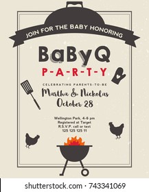 Baby shower barbeque party with vintage background. BBQ invite template. Grunge paper