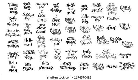 Baby shower big lettering set vector illustration. Calligraphic quotes. Handwritten phrases. Typographic invitations templates, card, poster and banner. Celebration announcement of child birth party.