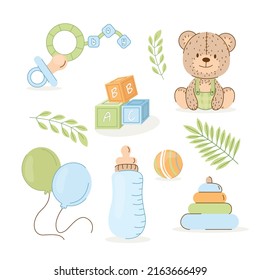 Bebé Ducha grande. Ilustración linda con artículos para bebés. Colección con unicornio, liebre, oso de peluche, cuna, ropa y otros elementos.