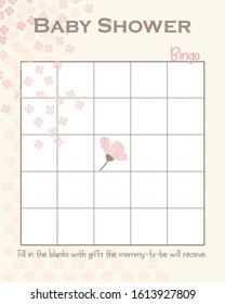 Baby Shower Bingo Layout Template with Flowers Color Light Pink and Tan, Do it Yourself  Game with Floral theme for girl, Tulips and small clover leafs, mommy to be activity card