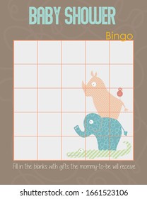 Baby Shower Bingo Layout Template, Tan color Arrival date announcement Jungle Animal theme for boy and girl, Unisex mommy to be game card, Alligator, Elephant, Rhinoceros and bird tower