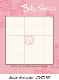 Baby Shower Bingo Layout Template With Spring Round Flowers And Decorative Fern, Pink Color Do It Yourself  Game With Floral Theme For Girl, Mommy To Be Activity Card