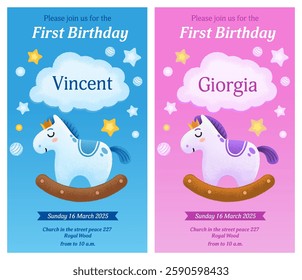 baby shower birth postcard set with female and male horse toy