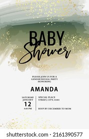 Baby shower birthday card invitation watercolor  green texture with gold shapes in vector. Children birthday greeting card, anniversary, newborn invite rustic minimalist design 