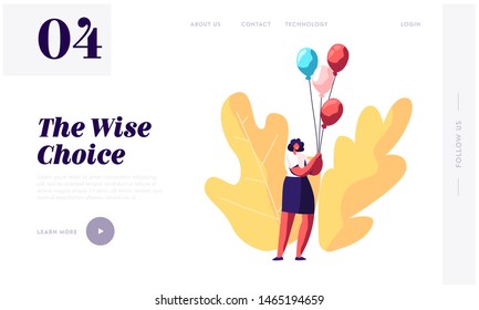 Baby Shower or Birthday Event Website Landing Page, Character Hold Bunch of Air Balloons, Present for Pregnant Woman Celebration Soon Baby Appearance Web Page. Cartoon Flat Vector Illustration, Banner