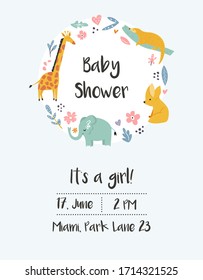 Baby Shower, Birthday invitation card with animals and floral ornament. Greeting banner, template with text, poster