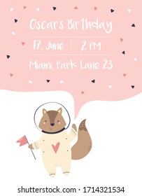 Baby Shower, Birthday invitation card with fox cosmonaut. Greeting banner or poster in pink colors