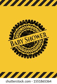 Baby Shower black grunge emblem, yellow warning sign. Vector Illustration. Detailed.