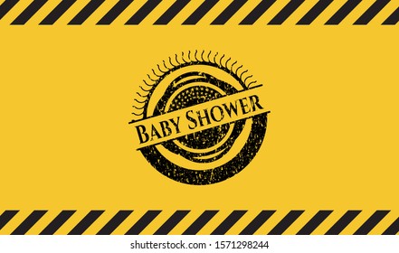 Baby Shower black grunge emblem, yellow warning sign. Vector Illustration. Detailed.