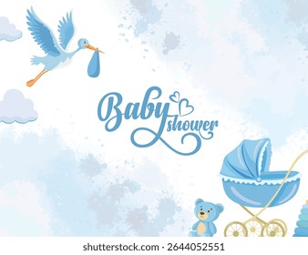 Baby shower blue blush background with baby stroller and stork delivering baby, perfect for greeting cards, invitations, and birth announcements