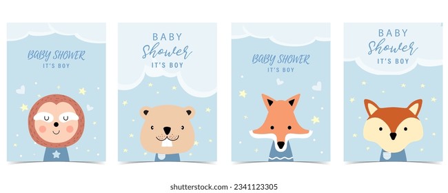 Baby shower blue invitation card for boy with animal