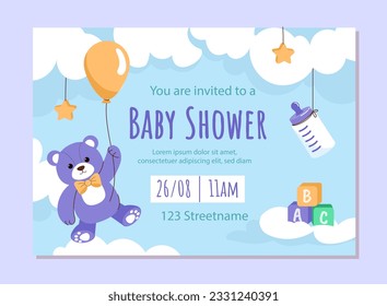 Baby shower blue invitation template. Graphic element for website with teddy bear on air balloon. Rest and relax, dream. Sky with clouds. Rest and relax, dream. Cartoon flat vector illustration