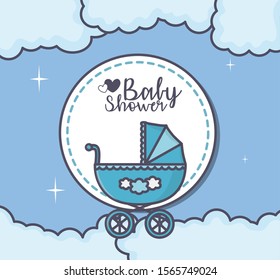 baby shower blue pram clouds sticker vector illustration