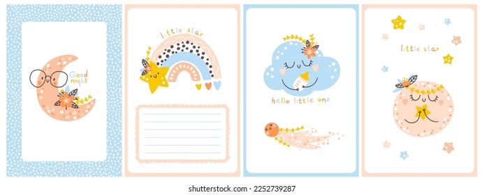 Baby shower boho template set. Vertical cards with rainbows, flowers, inscriptions. Cute hand drawn illustrations in a simple cartoon doodle style in a limited edition gender neutral palette