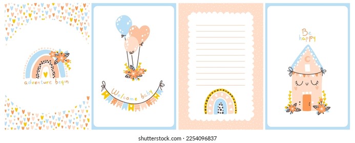 Baby shower boho template set. Vertical cards with rainbows, flowers, inscriptions. Cute hand drawn illustrations in a simple cartoon doodle style in a limited edition gender neutral palette