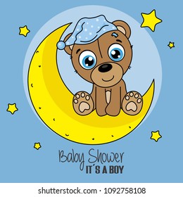 baby shower boy. bear with nightcap sitting on the moon