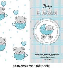 Baby shower boy card design. Cartoon Teddy bear in stroller.