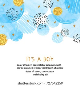 Baby Shower boy card design with abstract watercolor blue and glittering golden circles.