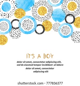 Baby Shower boy card design with abstract blue and glittering golden circles.